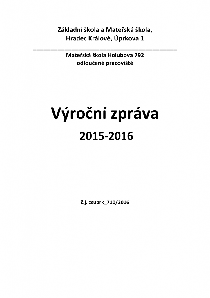 Přední strana výroční zprávy MŠ Holubova 2015/2016