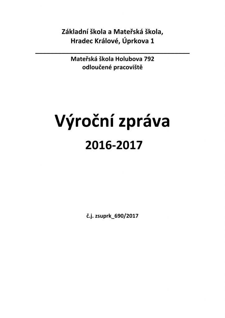 Přední strana výroční zprávy MŠ Holubova 2016/2017