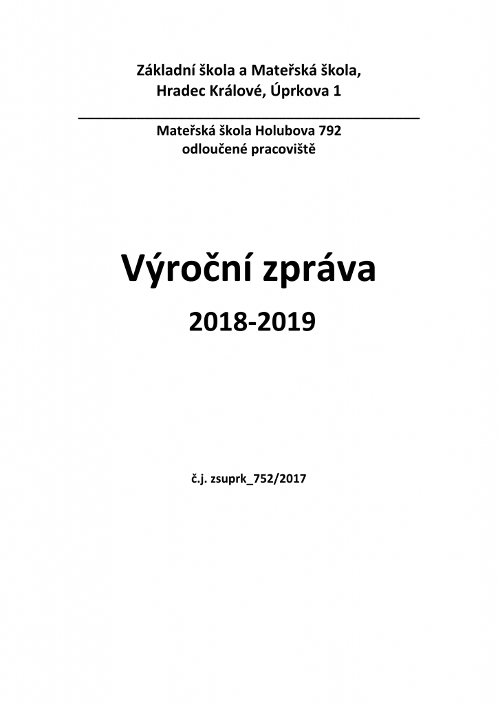 Přední strana výroční zprávy MŠ Holubova 2018/2019