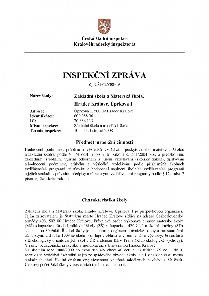 Přední strana inspekční zprávy MŠ Štefcova 2008