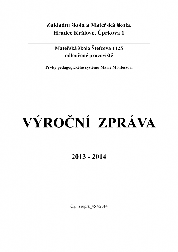 Přední strana výroční zprávy MŠ Štefcova 2013/2014