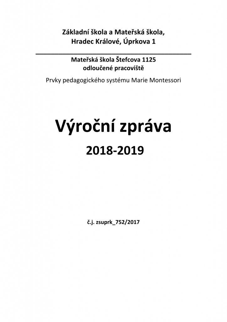 Přední strana výroční zprávy MŠ Štefcova 2018/2019