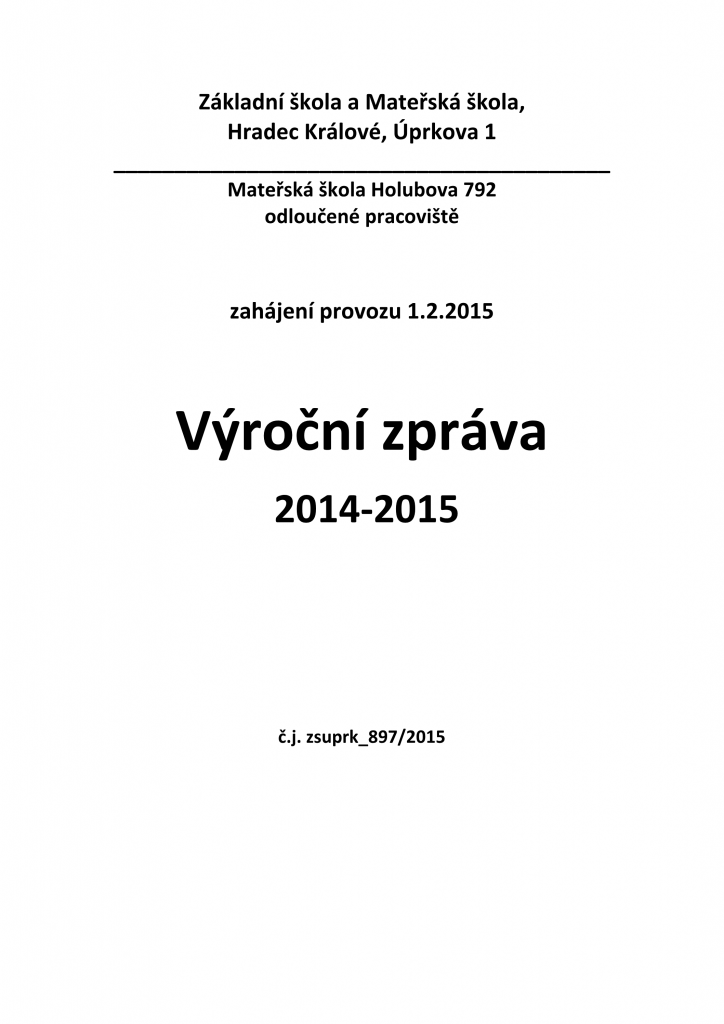 Přední strana výroční zprávy MŠ Holubova 2014/2015