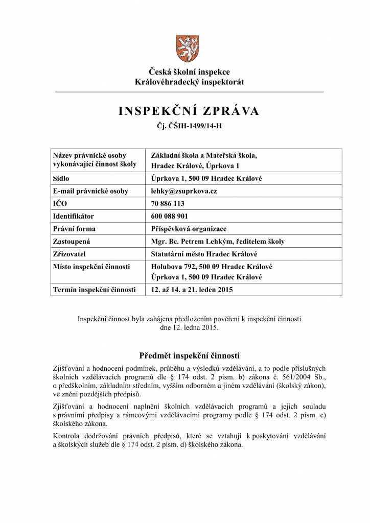 Přední strana inspekční zprávy MŠ Štefcova 2015