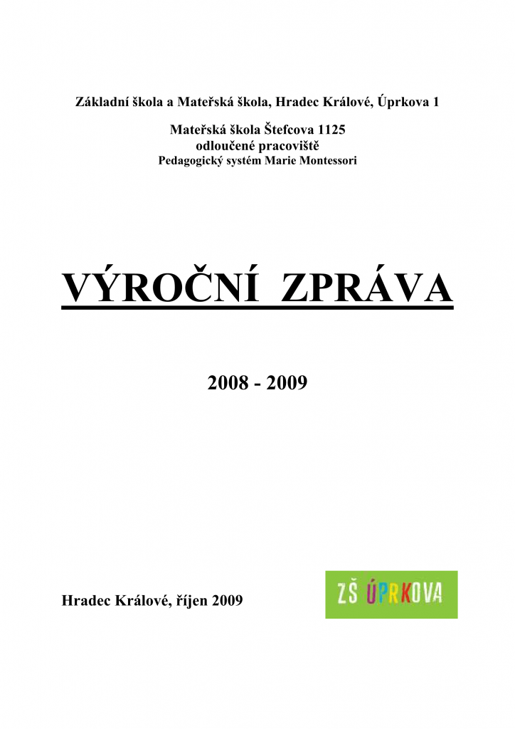 Přední strana výroční zprávy MŠ Štefcova 2008/2009