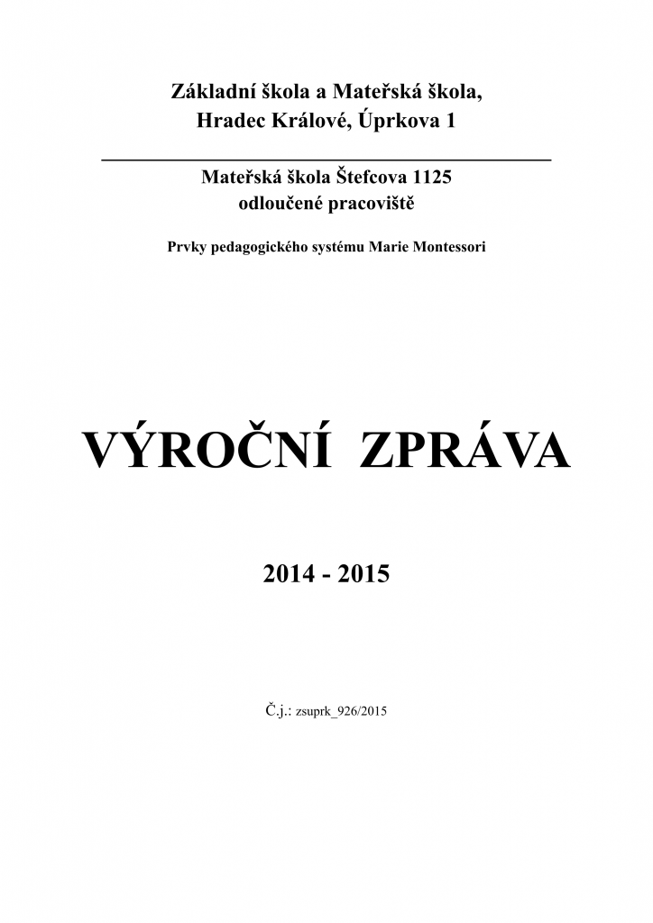 Přední strana výroční zprávy MŠ Štefcova 2014/2015