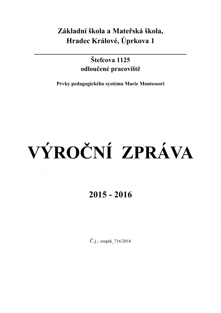 Přední strana výroční zprávy MŠ Štefcova 2015/2016
